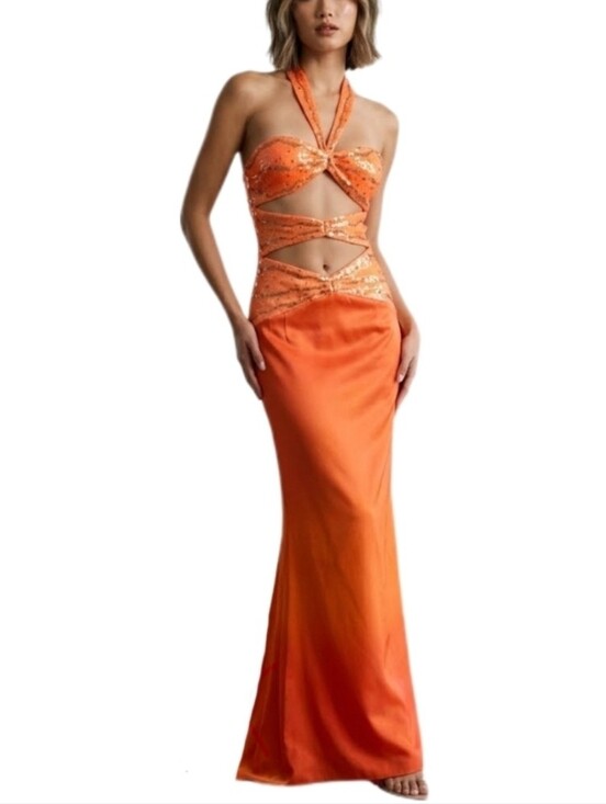 Xcite Prom Dresses & Skirts - Xcite Dress Y2K Rare Vintage Cut Out Sequined Halter Neck Orange Size 8